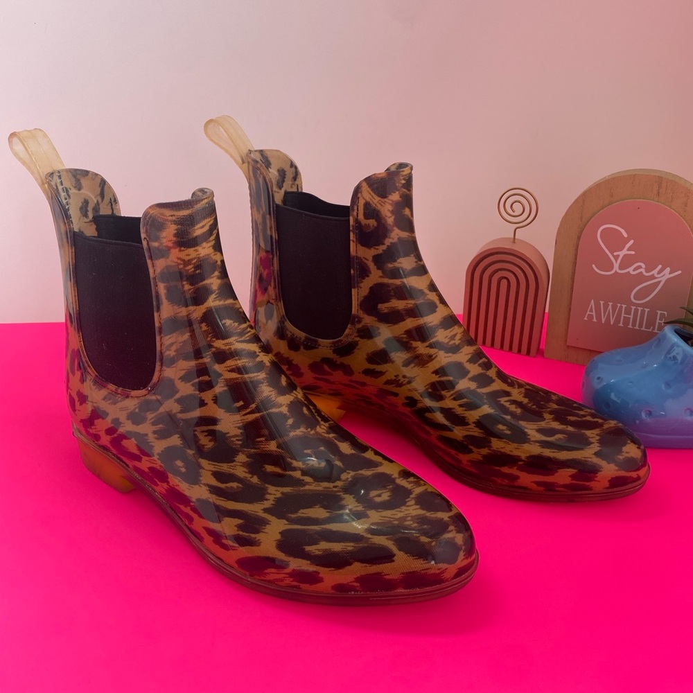 J. Crew Chelsea Leopard Print Ankle Rubber Rain Slip On Boots Size 9